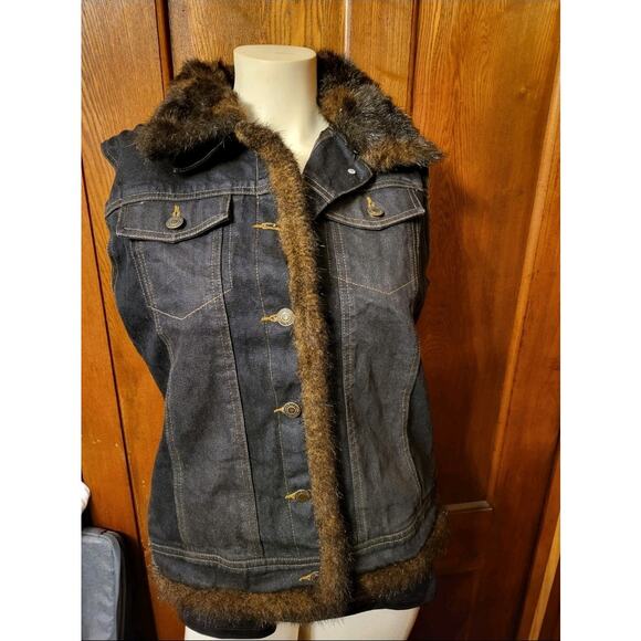 Women’s Jean Denim Vest Faux Fur Trim Collar Removable Size M - Picture 1 of 13